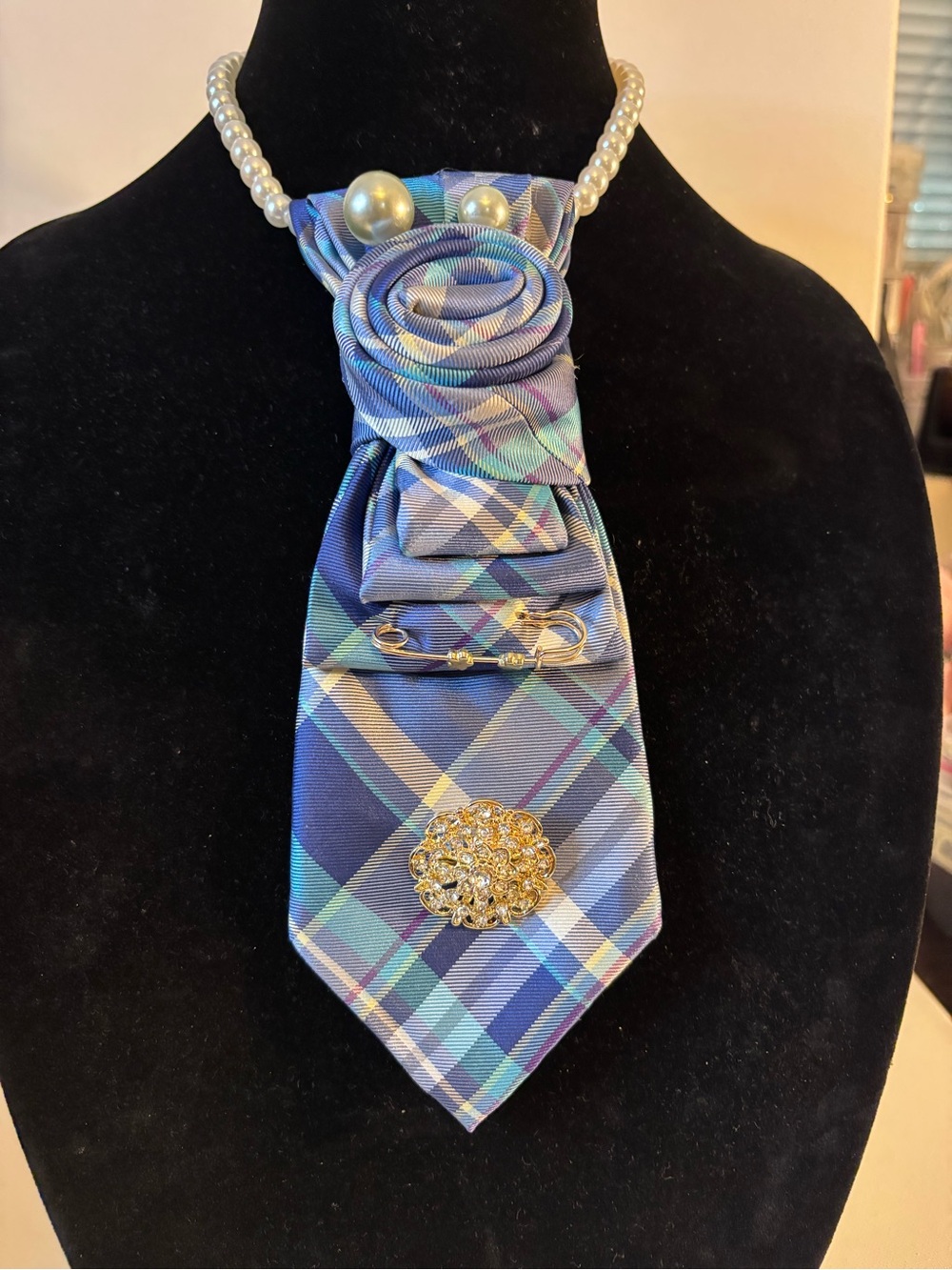 Blue Plaid Statement Necktie Pendant with Pearl Collar